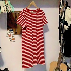 A comfortable red and white striped dress